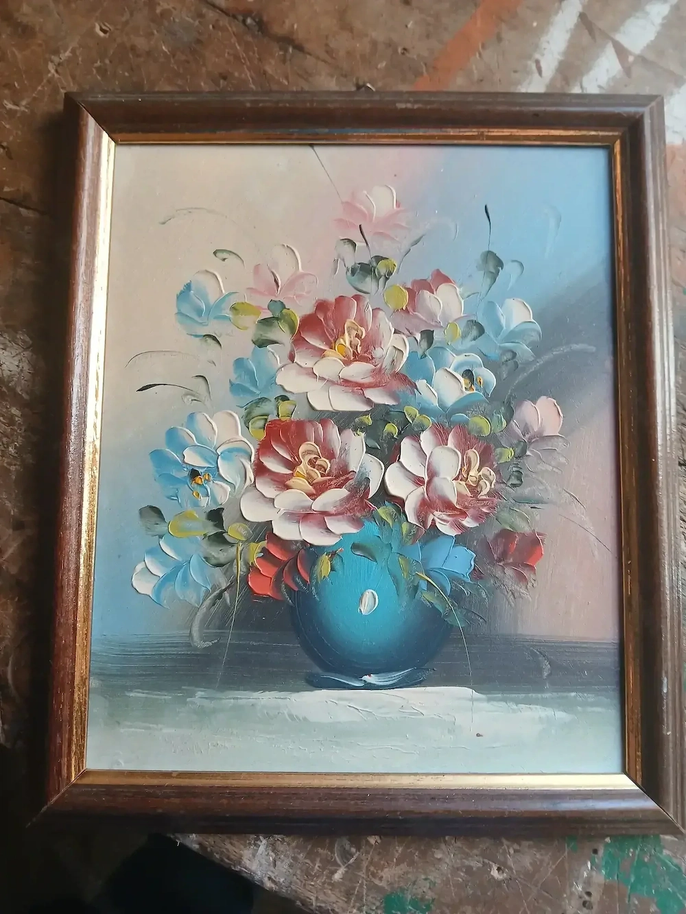 echtes Bild Blumenvase handgemalt keine Kopie mit sehr schönem Holzrahmen 