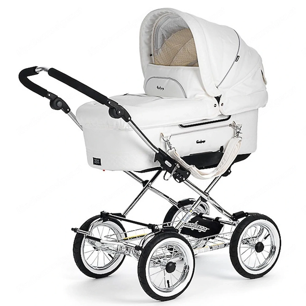Kinderwagen EmmalJunga Mondial De Luxe - Classic White Leatherette Pram Package