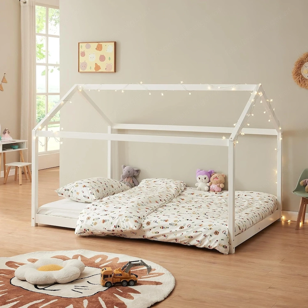 Kinder-Hausbett 140x200 weiß + Kindermatratze, zu verschenken