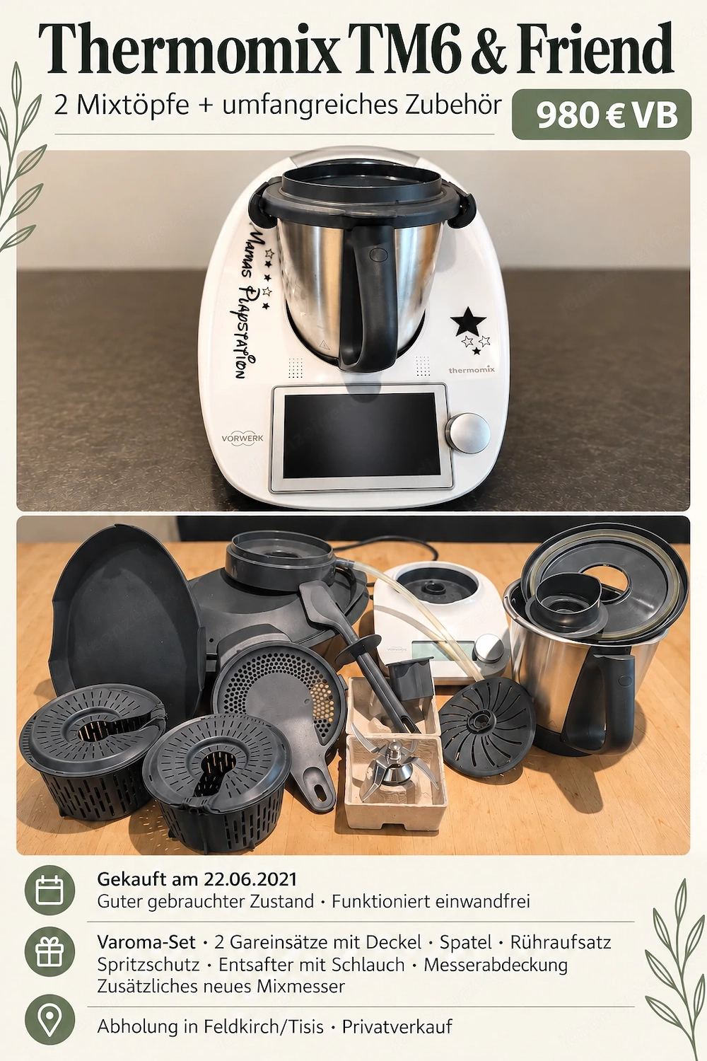 Thermomix TM6 mit Friend, 2 Mixtöpfen und umfangreichem Zubehör