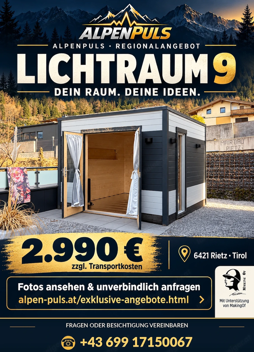 Gedämmtes Gartenhaus 3 3 m   LED, Strom, Doppeltür | LICHTRAUM 9