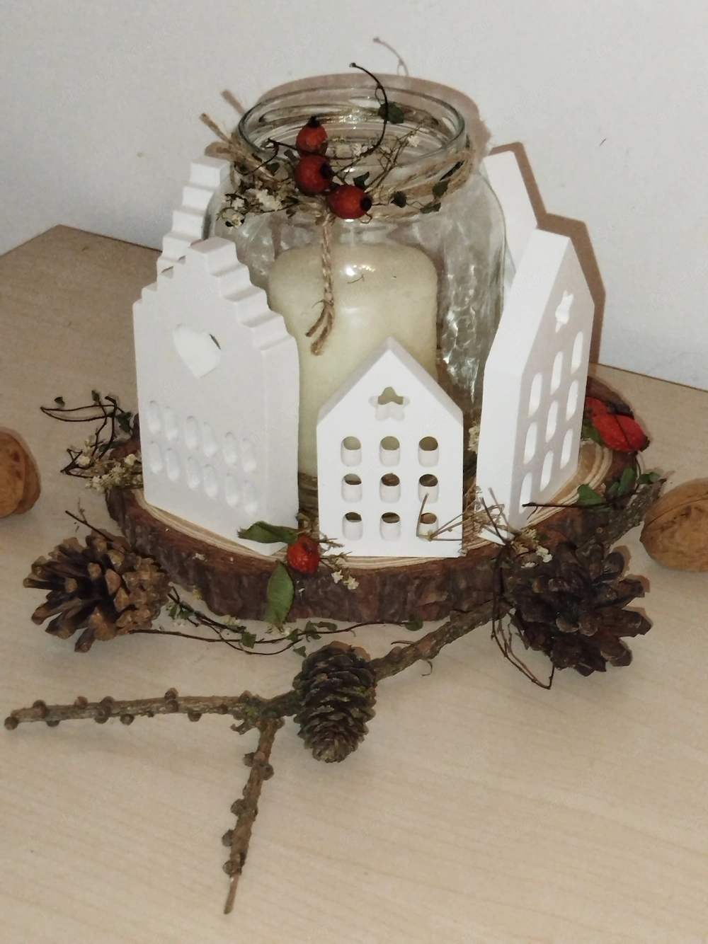 Deko Häuser Windlicht auf Holz neu 