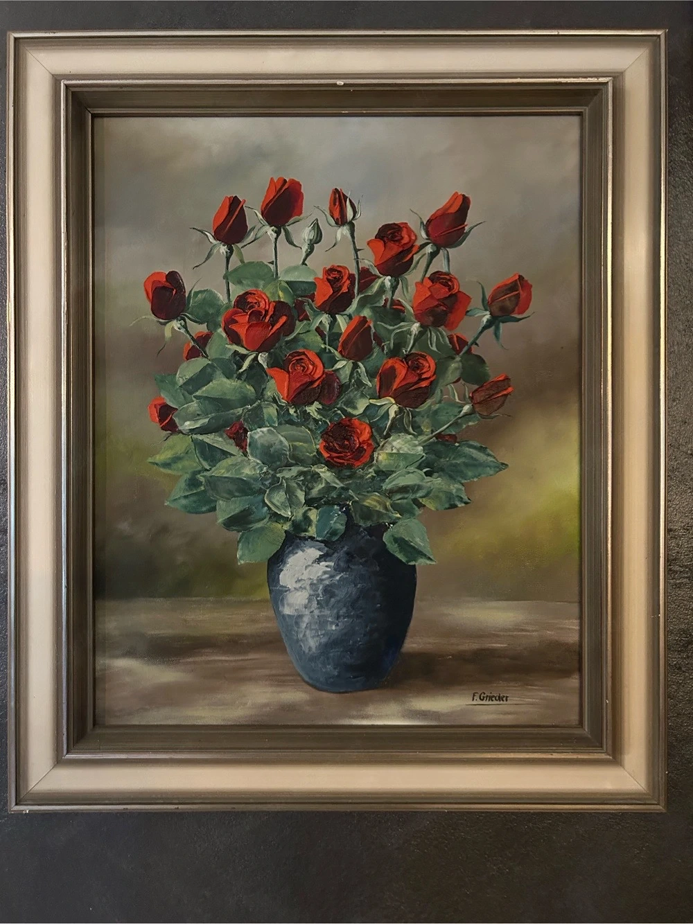 Prachtvolles Ölgemälde "Rote Rosen" - F. Grieder (Zürich 1975) inkl. Prunkrahmen (52x62 cm)