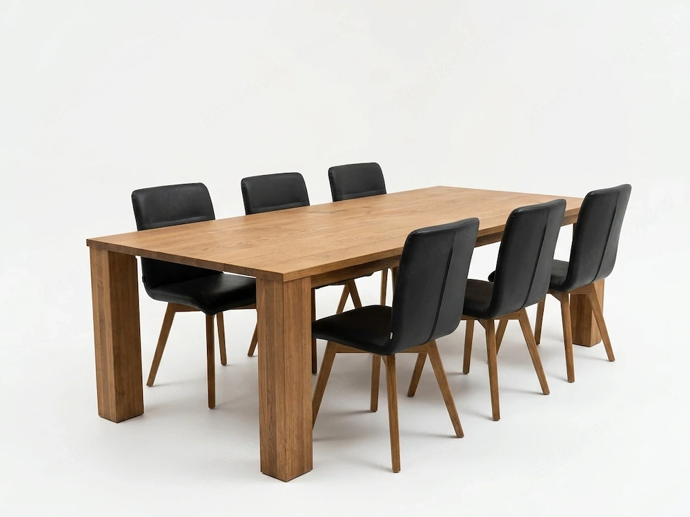 Premium Esstisch Massivholz Eiche 235x110 + 6 schwarze Lederstühle