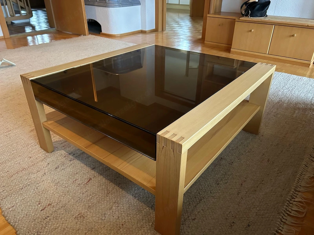 Couchtisch Massivholz Glas mit ausziehbarer Schublade und Ablagefach