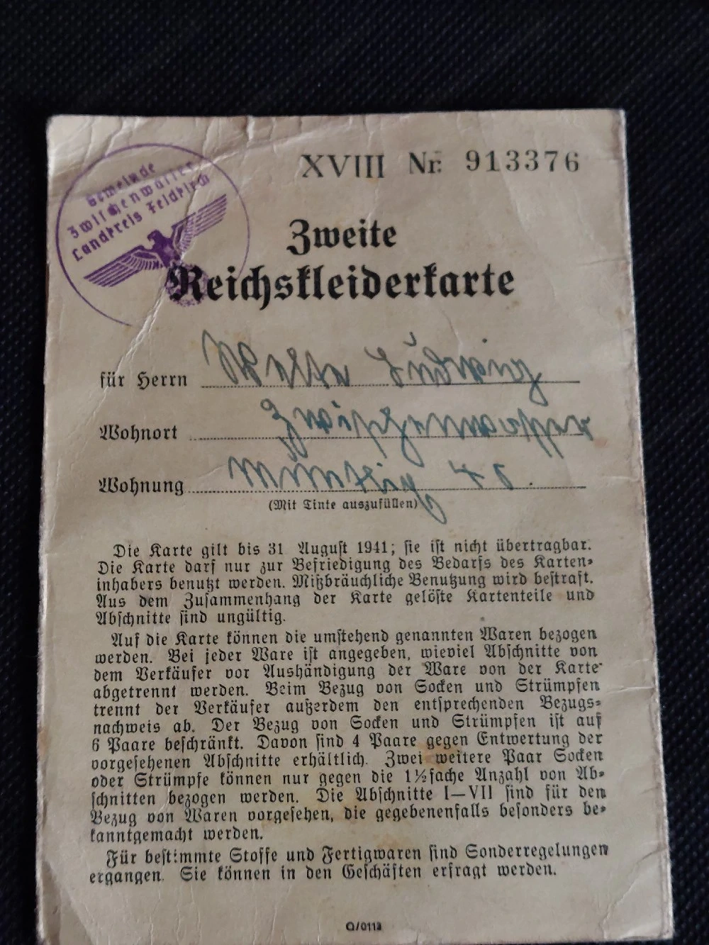 Historisches Reichskleiderkarte 1941