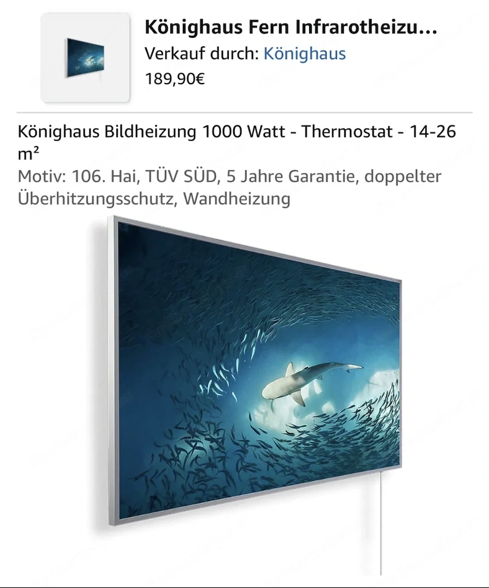 Könighaus Infrarot-Bildheizung 1000 W, Motiv Hai