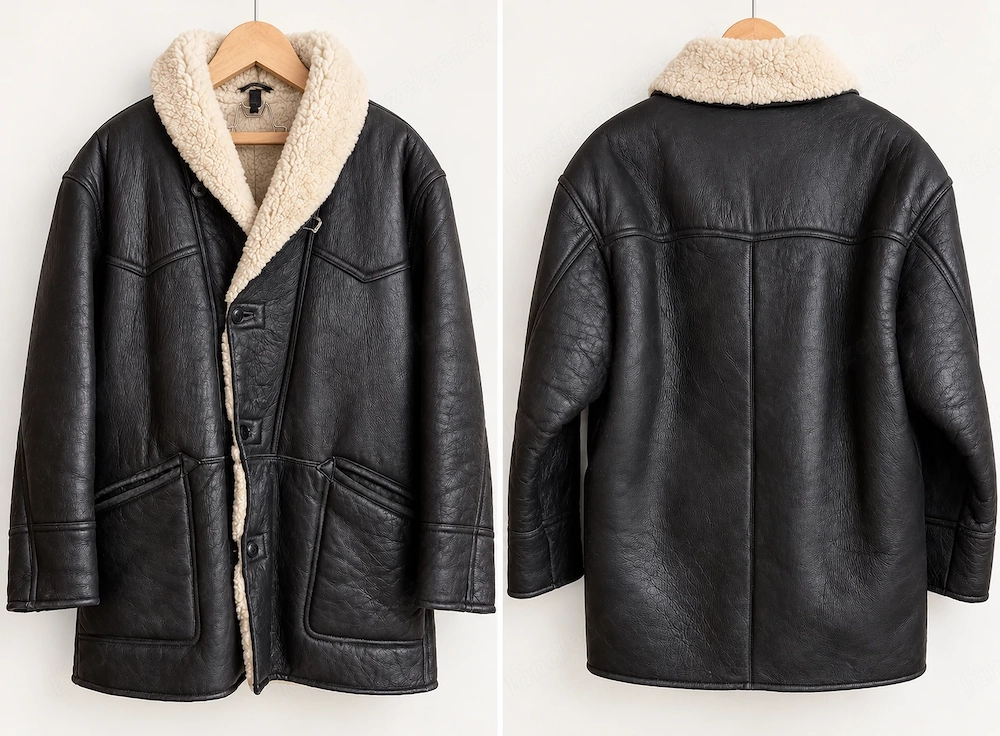 Schwarze Herren-Lammfelljacke   Echtleder   Vintage