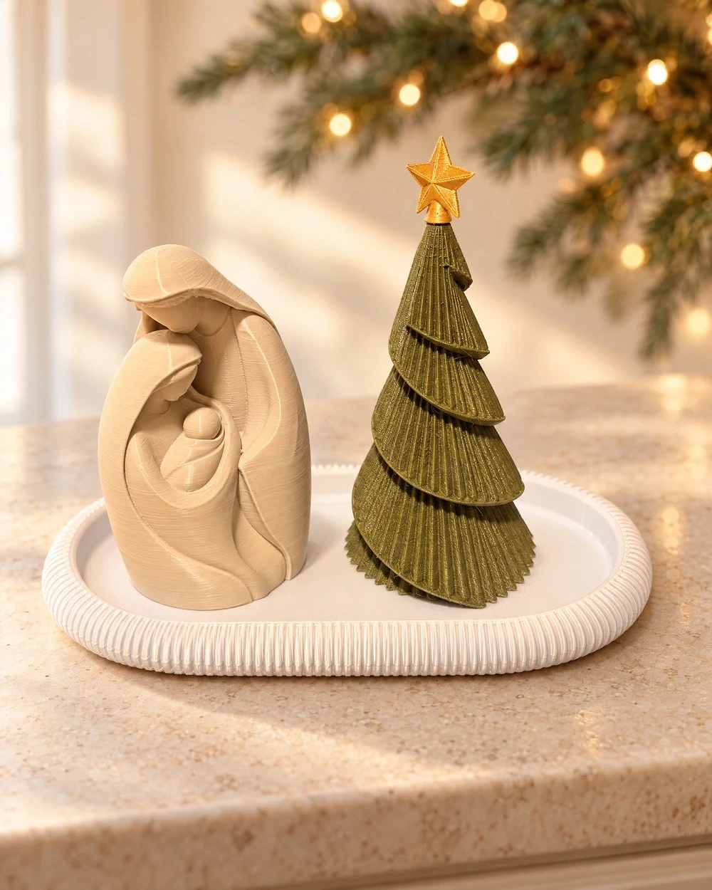 Weihnachtsdeko Set Heilige Familie mit Tannenbaum und Dekotablett