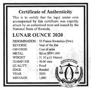 Ruanda: 1 oz Silber Lunar Ounce Ratte 2020 PP (Proof) Bild 3
