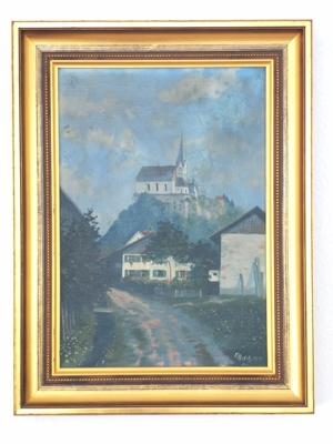 Ölgemälde auf Leinwand Basilika Rankweil vom Bregenzer Kunstmaler F. Rusch 1918 Bild 3