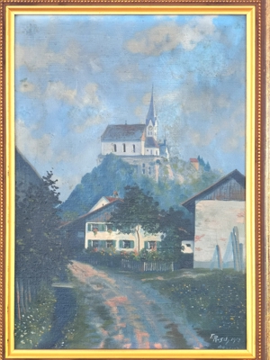 Ölgemälde auf Leinwand Basilika Rankweil vom Bregenzer Kunstmaler F. Rusch 1918 Bild 1