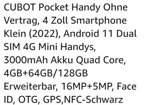 Verkaufe CUBOT Pocket Smartphone, Neuwertig 1A Zustand  Bild 1
