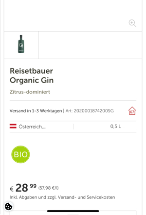 Dry Gin Organic 0,5 L, Reisetbauer