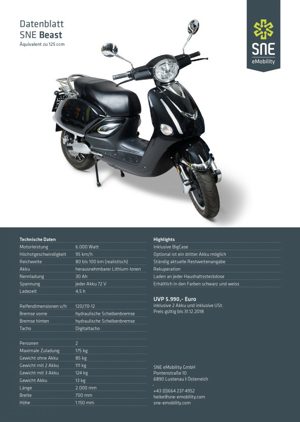 Elektro Motorrad Roller SNE Beast 6 kw (125 ccm äquivalent mit 8 PS)
