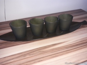 Teelichthalter aus Glas mit Holzblattschale Bild 1