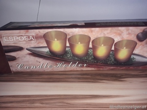 Teelichthalter aus Glas mit Holzblattschale Bild 2