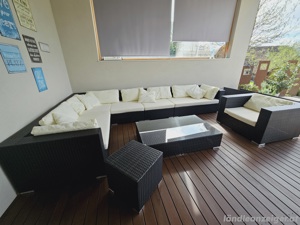 Lounge Set Rattan schwarz 8-Sitzer modular Auflagen cremeweiß XXL