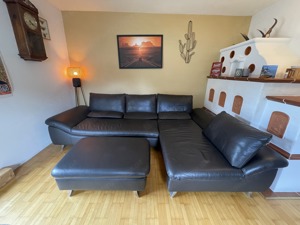 Couch, Leder, Schwarz, Ecksofa inkl. Hocker, abnehmbare Lehne Bild 2