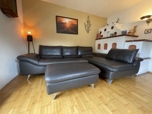 Couch, Leder, Schwarz, Ecksofa inkl. Hocker, abnehmbare Lehne Bild 1