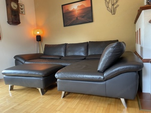 Couch, Leder, Schwarz, Ecksofa inkl. Hocker, abnehmbare Lehne Bild 3