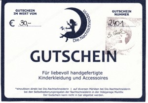 Gutschein 30,00 Euro - Die Nachtschneiderin (Zwischenwasser) handgemachte Baby- und Kinderbekleidung