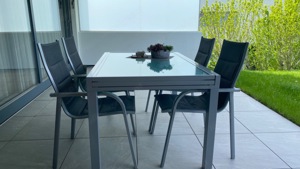 Gartengarnitur mit Tisch und sechs Stühlen