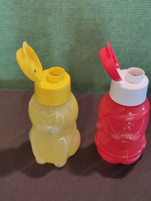 Tupperware Trinkflaschen Kindermotive Gelb ( Löwe) und Rot (Nikolaus) nagelneu  Bild 2