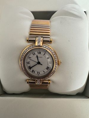 Cartier Damenuhr mit originalem Diamantenbesatz, 750er Gold, BiColor Armband, 1A Bild 4