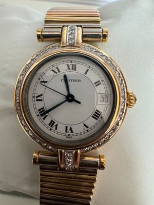 Cartier Damenuhr mit originalem Diamantenbesatz, 750er Gold, BiColor Armband, 1A