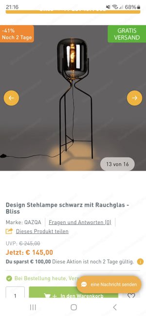 Stehlampe schwarz mit Rauchglas  Bild 5