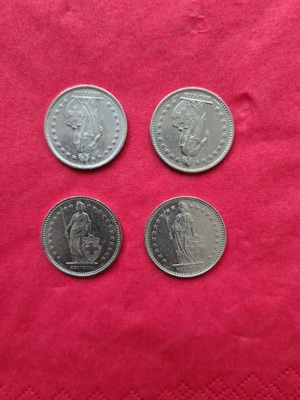 4x 1-Franken-Münzen, 1975, 1980, 1985, 1988