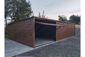 Garage 9m x6m, Geräthaus, Versteck, Transport, Dachabsenkung nach hinten mit Trapezblech bedeckt