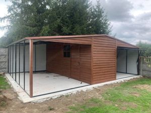 Blechgarage, Geräthaus, 5m Garage - 3m Überdachung, Seitenwandhöhe 2,12m, Höhe des Tors 1,90m