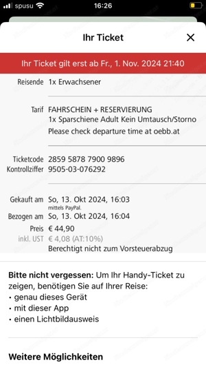 ÖBB Ticket Bregenz-Wien 1.11.24