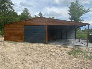 Blechgarage 7m x 6m + Schuppen 4 m, Farbe: Golden Eiche + Graphit Tor, Metallgarage,Fertiggarage Bild 2