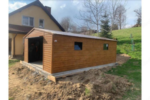 Gartenhaus 4m x 8m, Farbe Gold Eiche, 1 x Schwingtor für die Garage 1,90m x 2,80m, Pultdach Bild 1