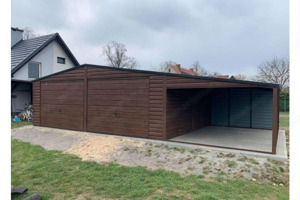 Blechgarage 7m x 7m + 3m Schuppen,Gesamthöhe 2,65m, Hochhebende Tor, Farbe: Walnuss, Geräthaus