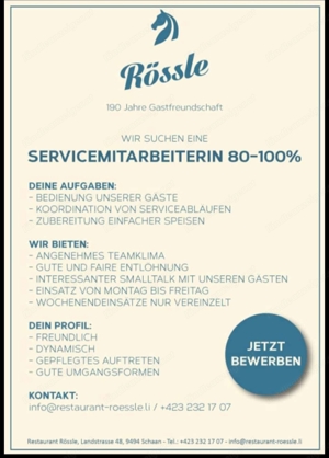 Servicemitarbeiterin 80 -100 % gesucht