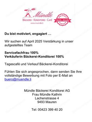 Verkäuferin für Bäckerei in Mauren gesucht. 100% Anstellung 