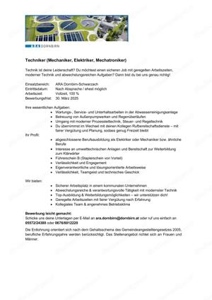 Ausschreibung Elektriker Mechaniker Mechatroniker - Abwassereinigung Region Dornbirn-Schwarzach