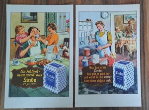 2x LINDE Kaffee Werbung 1950 Papierwerbung Reklame Familie Hund Wettach 