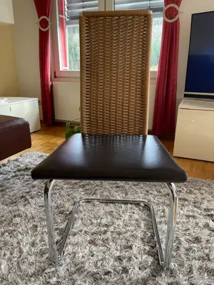 eleganter Esstisch Vollholz Nuss + 6 Esszimmer Design Lederstühle Braun Ronald Schmitt RST 19 Bild 6