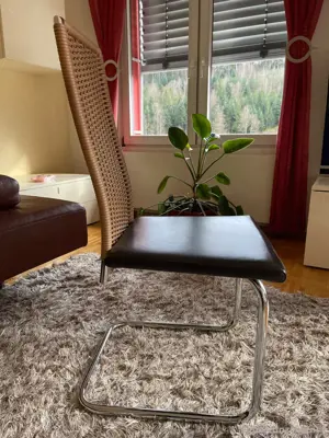 eleganter Esstisch Vollholz Nuss + 6 Esszimmer Design Lederstühle Braun Ronald Schmitt RST 19 Bild 7