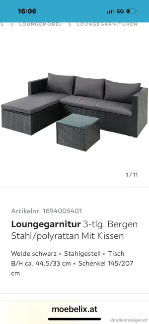 Lougeganitur 3 teilg Stahl  polirattan  mit Kissen 