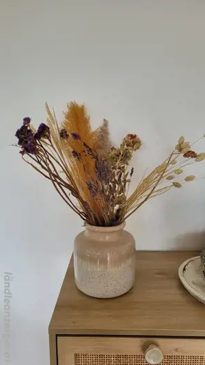 Blumenvase in cremefarben beige mit Trockenblumen