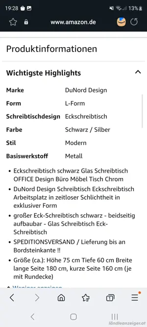 Schwarzer Eckschreibtisch aus Glas mit silbernen Beinen Bild 5