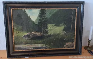 1900 Romantische Waldlandschaft Bergwiese Ölgemälde Bergwiese Tannen Berge Alpen Wald Landschaft 