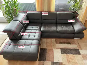Ledercouch mit Schlaffunktion und Bettkasten - dunkelbraun mit Steppung