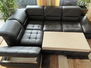 Ledercouch mit Schlaffunktion und Bettkasten - dunkelbraun mit Steppung Bild 2